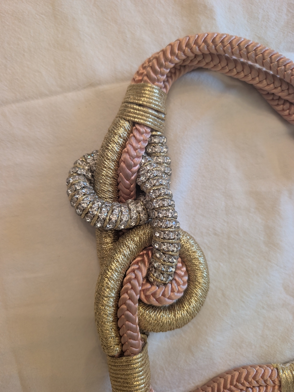 Elegant Pink and Gold Knotted Rope Belt with Crystal Accents